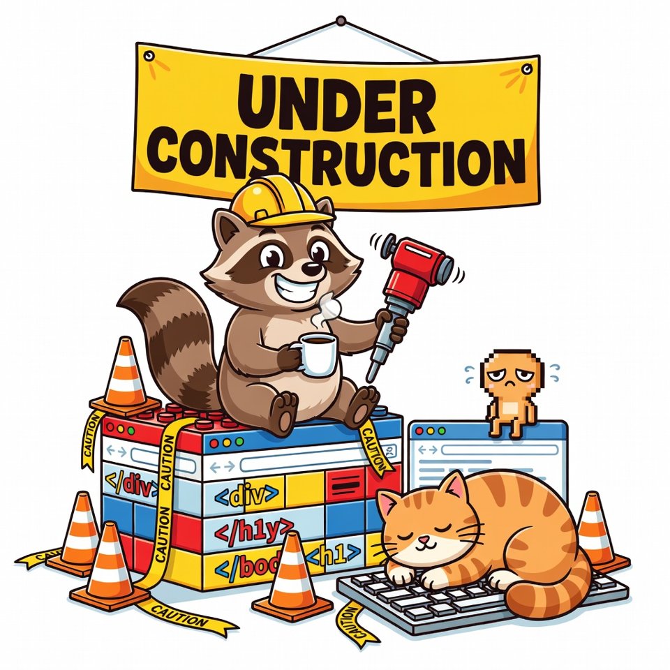 Cartoon raccoon construction worker in a hard hat sitting on a half-built website with an Under Construction sign, traffic cones, and a cat asleep on a keyboard